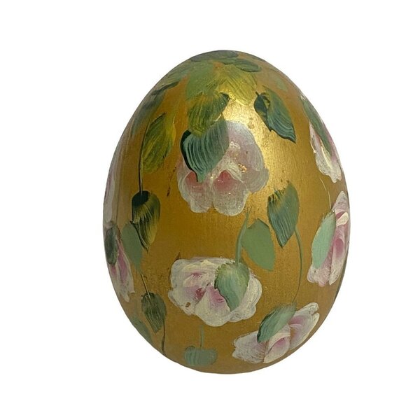 Handpainted Egg Figurine Pink and Gold Floral 4.5" high Signed - Picture 7 of 9